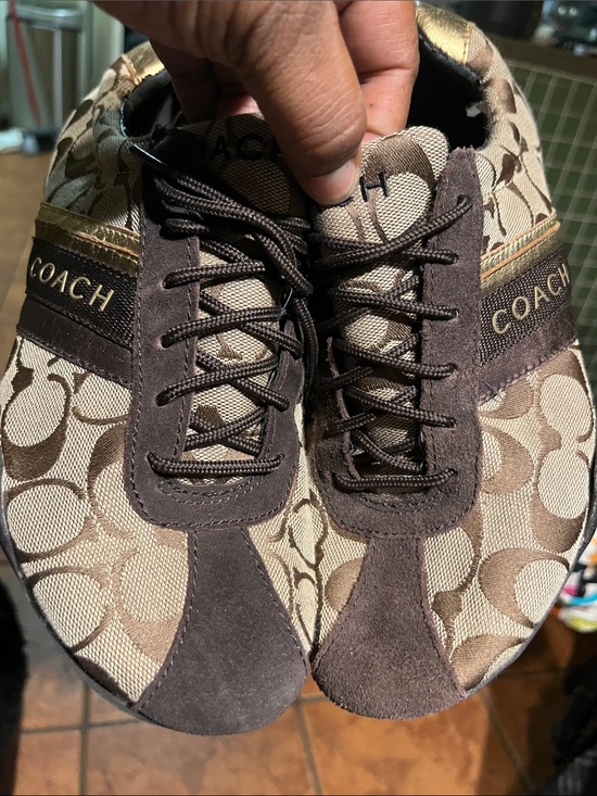 Coach Shoes - Coach Jayme Signature Jacquard Khaki Brown Gold Sneakers Q582